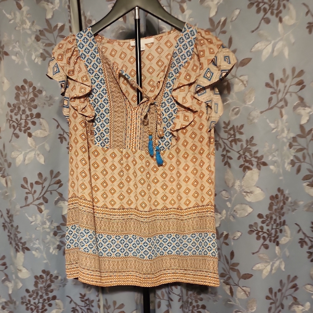 R2 Geometric Ruffle Sleeve Blouse - Blue and Brown